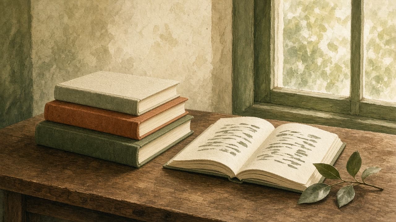 窓辺の机に積まれた本のイラスト